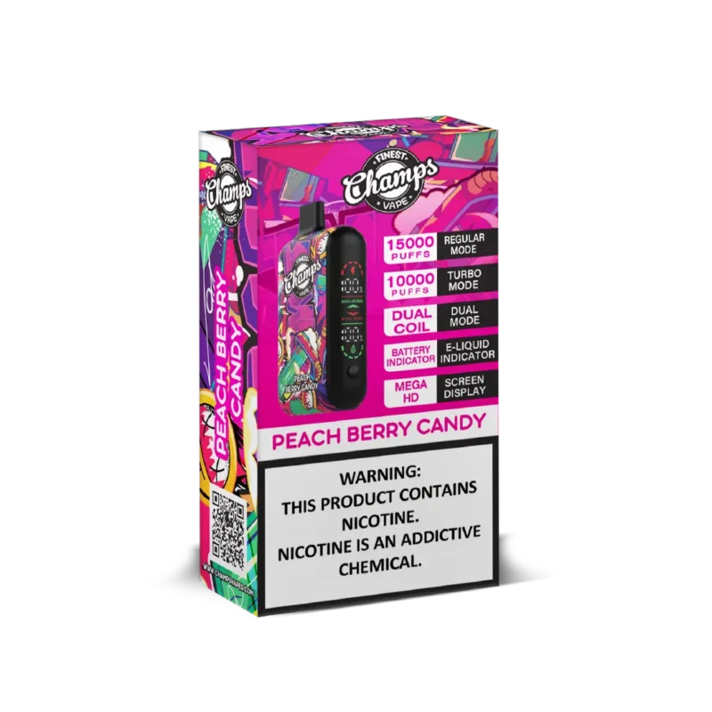 Champs Disposable Vape Peach Berry Candy - 10,000 to 15,000 Puffs, Dual Coil