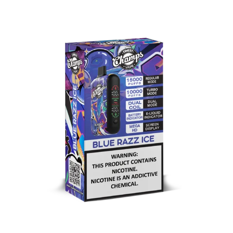 Champs Vape Blue Razz Ice Disposable Device - 10,000 to 15,000 Puffs, Dual Coil